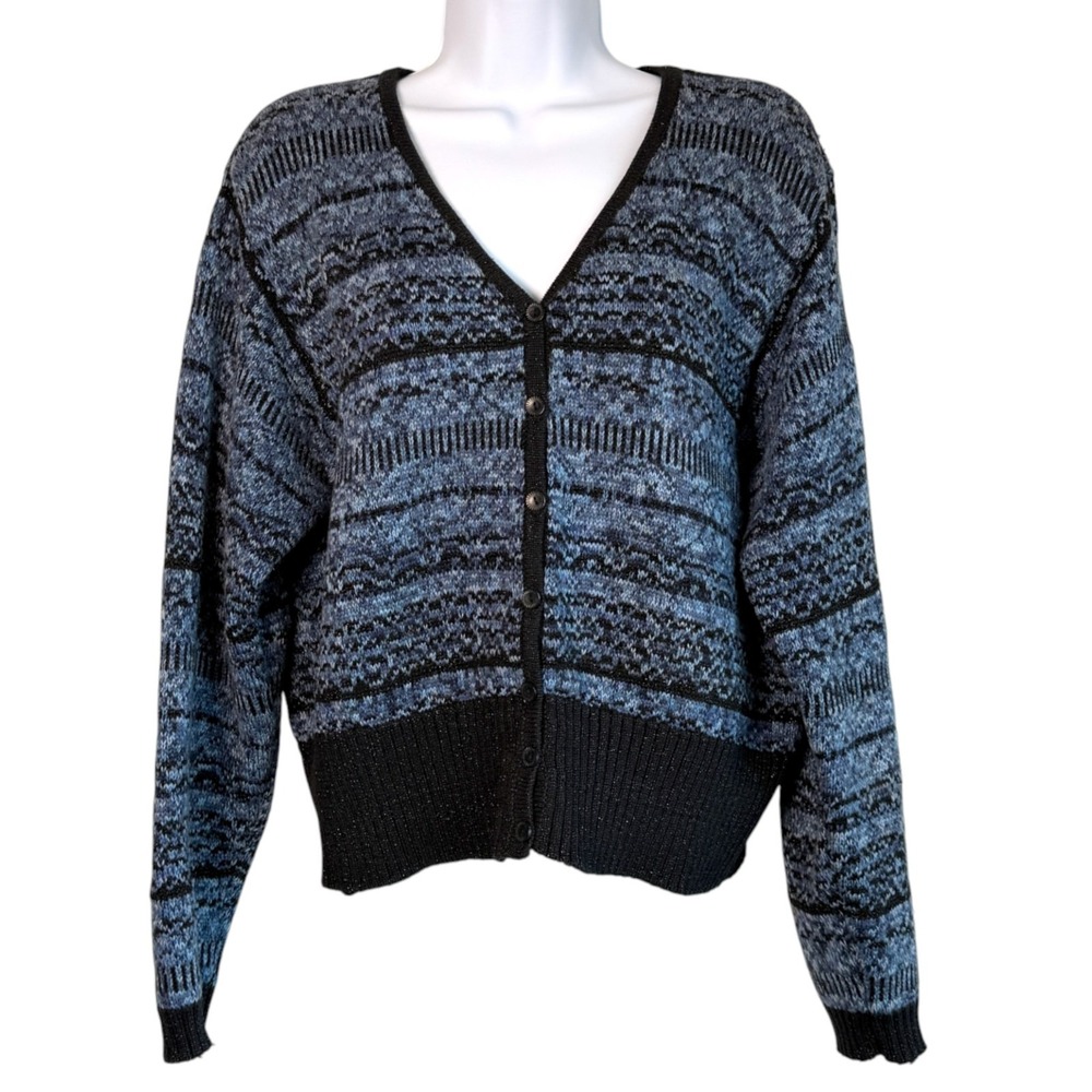 Y2K Lizwear Fair Isle Cropped Cardigan Sweater Sz L Cottage Fisherman‎ Boho